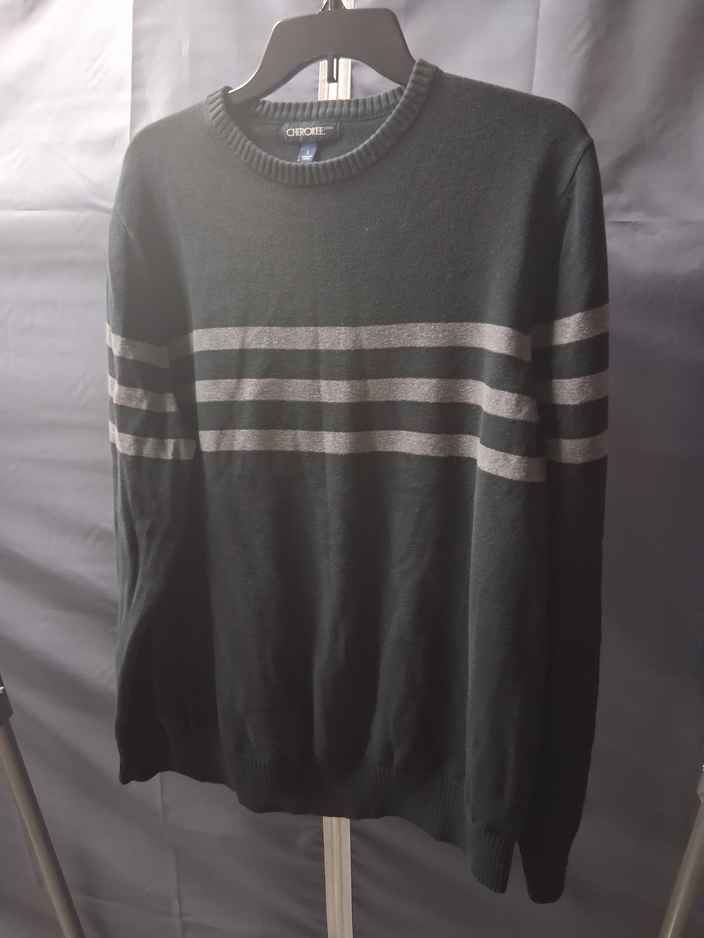 Cherokee Faded Black Crewneck Sweater with Gray Stripes